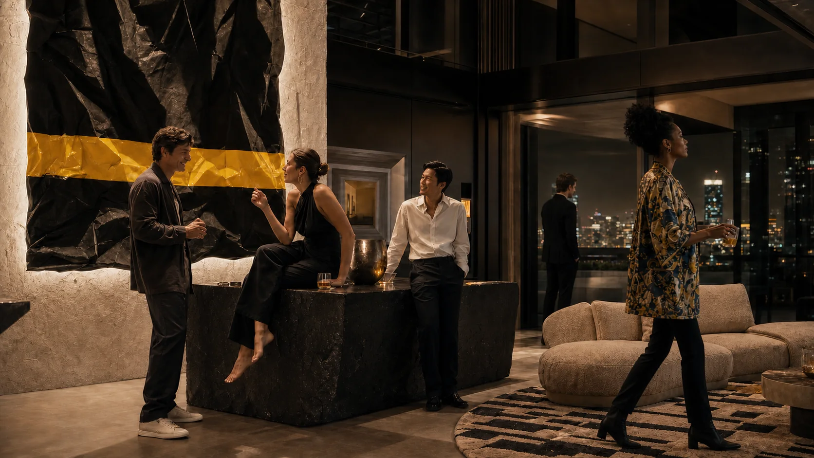 Bitcoin Palace residents meeting in a private contemporary salon
