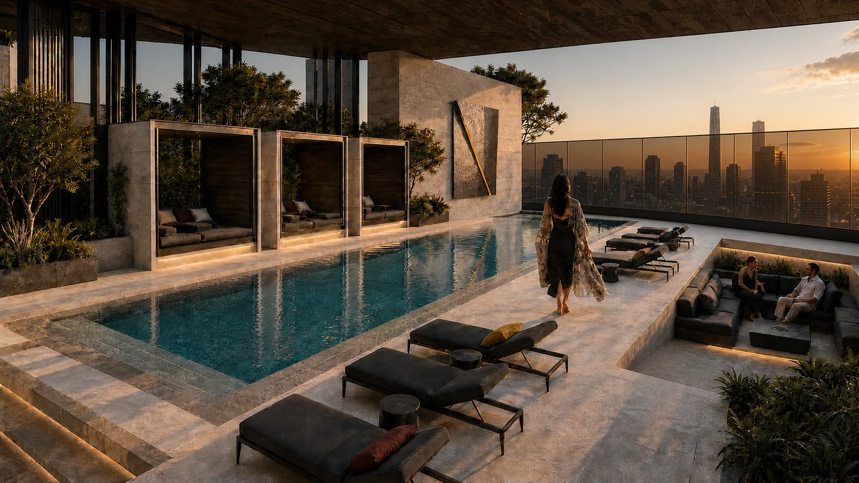 The outdoor sky pool and private social terrace at Bitcoin Palace