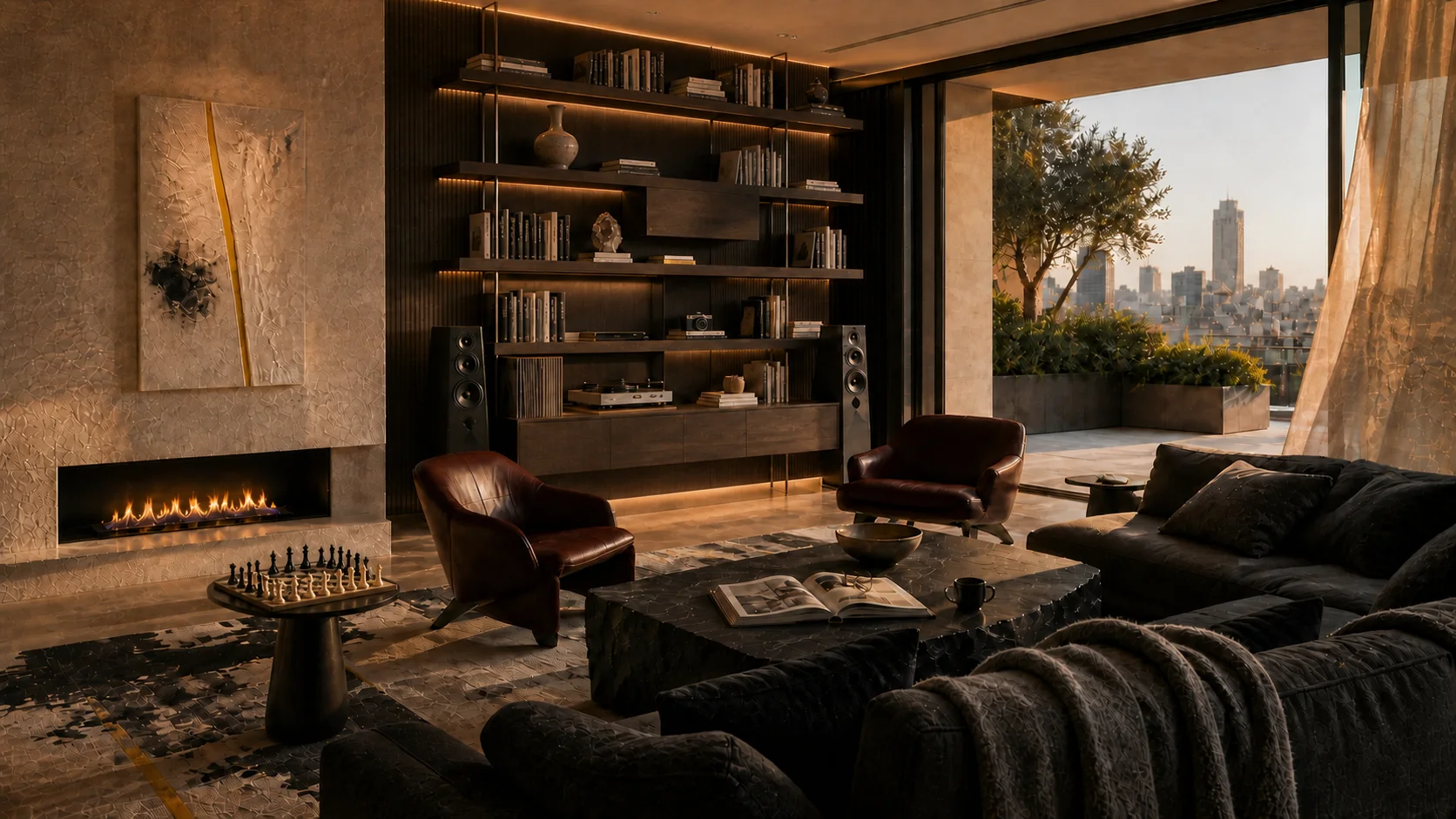 A warm Founder Residence salon with a bespoke modern library and terrace